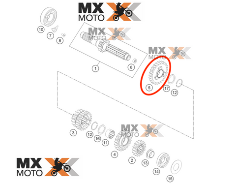 Engrenagem intermediária 6ª Marcha Original KTM 250 EXCF 15 a 19 - Husqvarna FE 250 15 a 19 - 72033006044 / 72033006144 / 79133106000