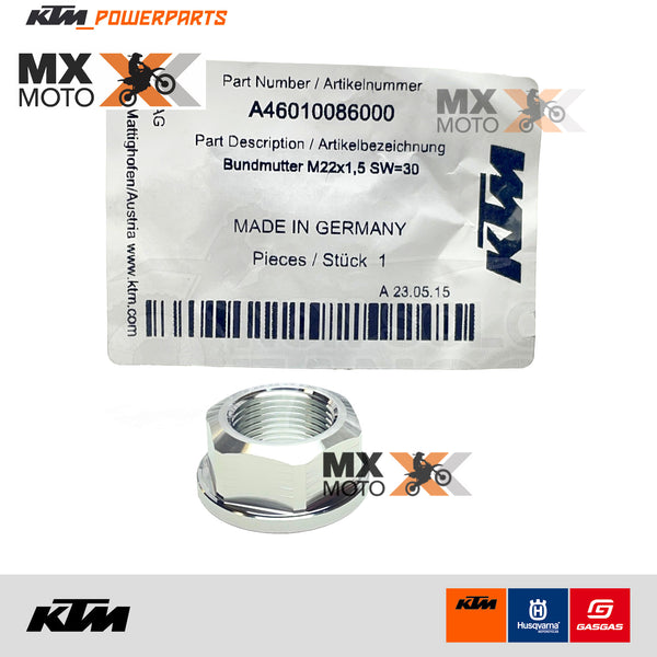 Porca de Roda Traseira Aluminio Original eixo 22mm M22x1,5 SW=30 para KTM EXC / EXCF / XCFW - 2024 - SXF / XCF 23 a 25 - Husqvarna FE / TE 2024 - FC / TX / TC FX 23 a 25 - GAS GAS EC250/300/250F/350F 2024 - A46010086000